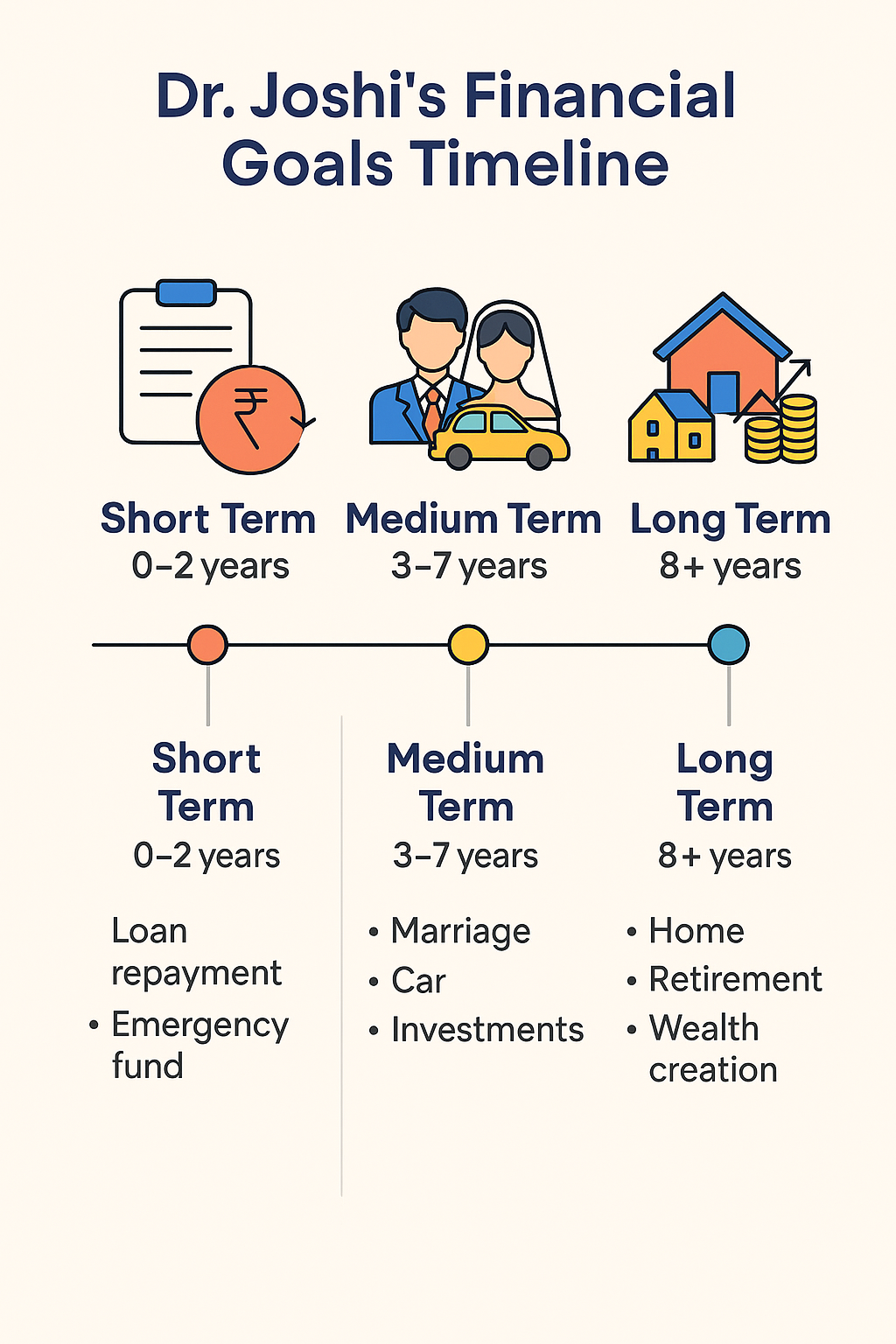 "A minimal timeline infographic showing short-term, medium-term, and long-term financial goals for young doctors, including loan repayment, emergency fund, marriage, car, investments, home, retirement, and wealth creation.