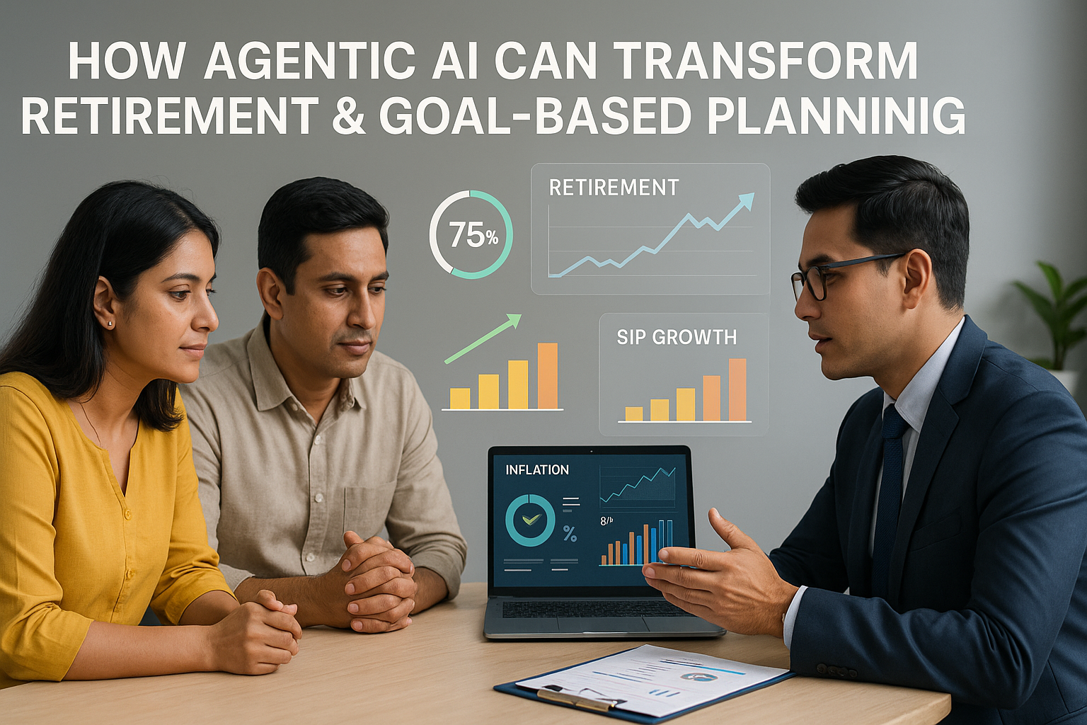 Indian couple reviewing AI-powered financial dashboard with advisor